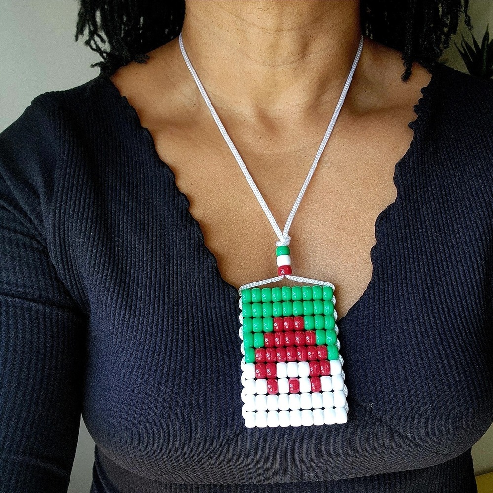 Algeria Flag Car‎ Mirror Danglers/ Necklace. Mini Beaded Flag 2.5" x 3".